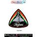 Tejas Fighter Aircraft Patch featuring a silver-grey Indian light combat fighter in top-down view with Indian Air Force-style wing roundels, saffron-white-green triangular accents, black background, white Tejas lettering and thick black merrow border