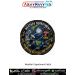 Premium round Weather Department fabric patch featuring meteorologists monitoring a tropical cyclone using satellite systems, radar displays, weather instruments, and forecasting computers with the slogan Warning Before the Storm, finished with a durable