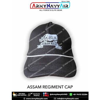 Assam Regiment cap with embroidered one-horned rhino emblem on black fabric representing strength and heritage.