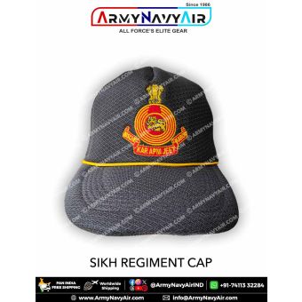 High quality Sikh Regiment Cap featuring detailed embroidered Sikh Regiment insignia with regiment motto on a dark military style cap made for soldiers, veterans, NCC cadets, collectors and Indian Army supporters who prefer authentic regimental headgear.
