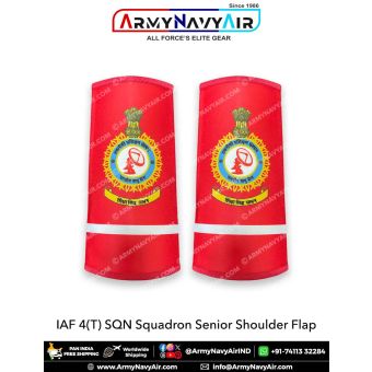 IAF 4(T) SQN Squadron Senior shoulder flap pair in red fabric featuring Indian Air Force squadron insignia and reflective silver strip.