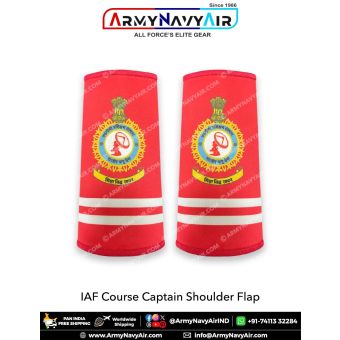 IAF Course Captain shoulder flap pair in red fabric featuring Indian Air Force training insignia with double reflective silver stripes.