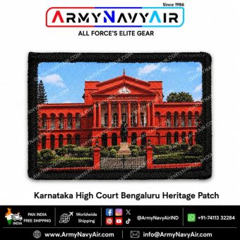 Karnataka High Court Bengaluru Heritage Patch featuring iconic red High Court building architecture artwork with black merrow border tourism souvenir velcro patch by ArmyNavyAir