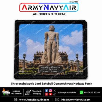 Shravanabelagola Lord Bahubali Gomateshwara Heritage Patch featuring iconic Jain spiritual statue artwork with black merrow border tourism souvenir velcro patch by ArmyNavyAir