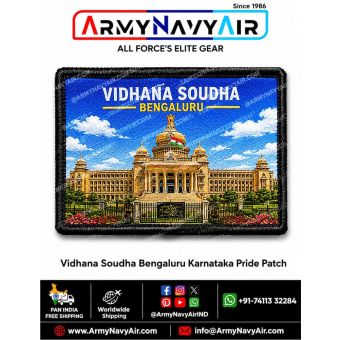 Vidhana Soudha Bengaluru Karnataka Pride Patch featuring the iconic Karnataka legislative building landmark with blue sky background and black merrow border souvenir velcro patch by ArmyNavyAir