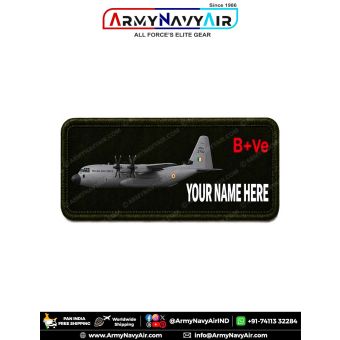130J Super Hercules Personalized Flight Crew Name Plate featuring Indian Air Force C-130J transport aircraft with custom name, optional blood group, premium digital print on fabric with olive green merrow border for flight suits, uniforms, jackets, backpa