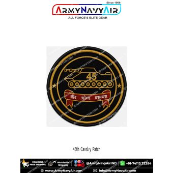 45 Cavalry Pride Patch premium round poly satin military fabric patch featuring stylised tracked armoured fighting vehicle, prominent 45 number, Hindi motto Veer Bhogya Vasundhara, black background, red scroll and gold border