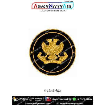 61st Cavalry Pride Patch Cavalry First premium round black and gold fabric patch featuring double-headed eagle style emblem, crossed cavalry swords, gold scroll and military heritage design