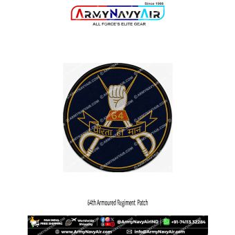 64th Cavalry Pride Patch premium round poly satin military fabric patch featuring raised gauntlet, crossed cavalry sabres, crossed lances, regiment number 64, Hindi motto Veerta Hi Maan, navy blue background and gold border