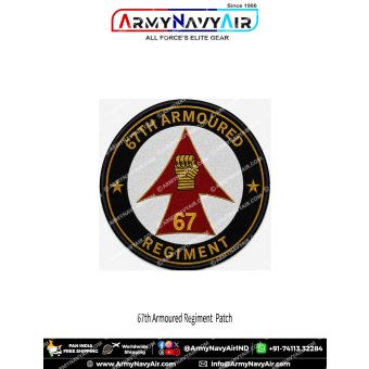 67th Armoured Regiment Pride Patch premium round poly satin fabric patch featuring red formation symbol, raised gold fist, prominent 67 number, black outer ring, gold stars and gold lettering