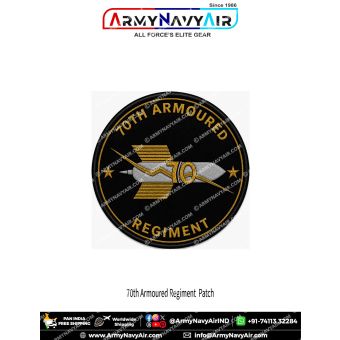 70th Armoured Regiment Pride Patch premium round poly satin fabric patch featuring bold 70 regimental number, stylised armoured warfare emblem, black background, gold stars and gold outer border