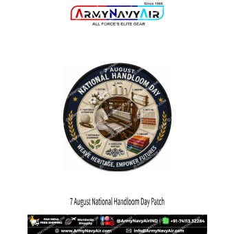 National Handloom Day commemorative round fabric patch showing realistic Indian handloom weaver with complete cotton to weaving process and Weave Heritage Empower Futures theme