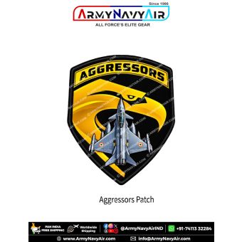 Aggressors Fighter Aircraft Patch featuring a silver-grey twin-engine fighter jet, large golden eagle head, bold yellow AGGRESSORS lettering, black shield background and black merrow border
