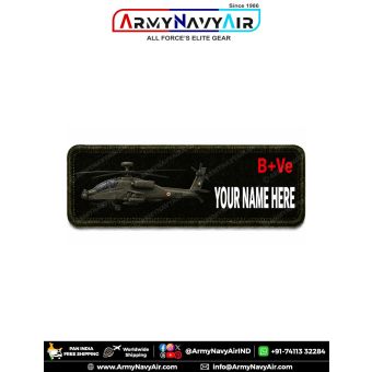 AH-64E Apache Guardian Personalized Flight Crew Name Plate featuring attack helicopter artwork with custom name and optional blood group digitally printed on premium fabric with olive green merrow border for flight suits, military uniforms, tactical bags,