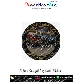 All Women Contingent Pride Patch round premium fabric patch featuring Indian Army, Navy and Air Force women officers marching in ceremonial parade formation with black merrow border and gold outer ring