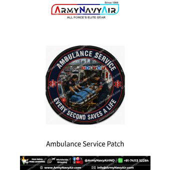 Ambulance Service Heritage Patch featuring paramedics providing emergency medical care beside an ambulance with Every Second Saves A Life premium round fabric patch.