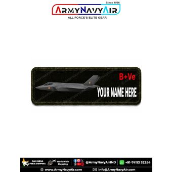 AMCA Personalized Flight Crew Name Plate featuring the Advanced Medium Combat Aircraft stealth fighter with custom name and optional blood group digitally printed on premium fabric with olive green merrow border for flight suits, military uniforms, tactic