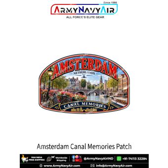 Amsterdam Canal Memories travel souvenir patch with bicycles, canal boats, bridge and historic Netherlands architecture