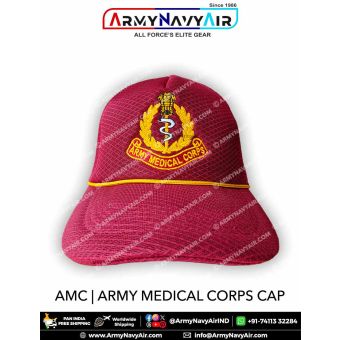 Indian Army Medical Corps AMC maroon regimental cap with detailed embroidered crest featuring medical insignia, laurel wreath and Ashoka emblem on durable textured fabric, designed for soldiers, veterans, NCC cadets and military supporters.