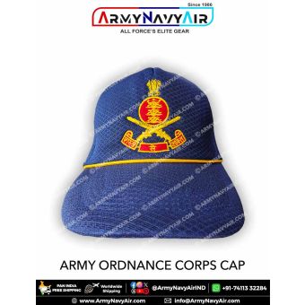 Indian Army Ordnance Corps AOC regimental cap with detailed embroidered crest featuring crossed swords, red ordnance emblem, Ashoka insignia and motto on a sturdy textured fabric designed for military personnel, veterans, NCC cadets and collectors.