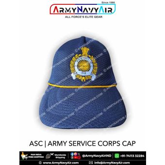 Indian Army ASC Army Service Corps blue regimental cap with detailed embroidered ASC crest showing wheel, wreath and Ashoka emblem on durable textured fabric for soldiers, veterans, NCC cadets and military supporters.
