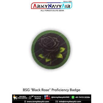 BSG Black Rose Proficiency Badge with green border. Round embroidered Bharat Scouts and Guides skill badge featuring black rose design, suitable for uniforms, sashes, backpacks and ceremonial wear.