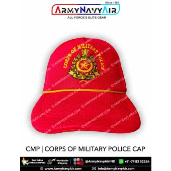 Premium red Corps of Military Police CMP Cap with detailed embroidered badge featuring star, wreath and Ashoka emblem, designed for Indian Army personnel, veterans, NCC cadets and supporters of the military police corps.