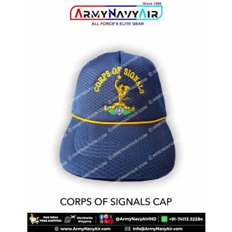 Indian Army Corps of Signals regimental cap featuring the detailed embroidered Mercury insignia with lightning symbol, blue textured fabric, yellow crest detailing and durable construction suitable for soldiers, veterans, NCC cadets and military enthusias