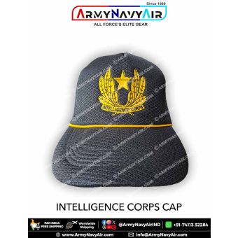 High quality Military Intelligence Corps Cap featuring detailed embroidered Intelligence Corps insignia with star and wreath on a dark military textured cap designed for soldiers, veterans, NCC cadets, tactical personnel and supporters of Indian Army inte