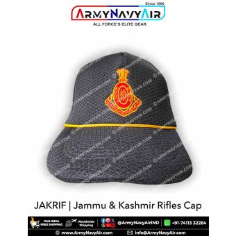 Premium Jammu and Kashmir Rifles JAKRIF Regiment Cap in black fabric featuring detailed red and yellow embroidered insignia, structured visor design and durable high quality stitching ideal for soldiers, NCC cadets, veterans and proud supporters.