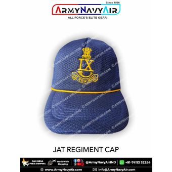 High quality JAT Regiment Cap with detailed embroidered JAT Regiment insignia on a blue military style cap designed for soldiers, veterans, collectors and Indian Army supporters looking for authentic regimental headgear.