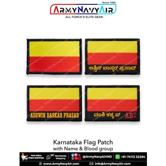 Karnataka Flag Patch with personalised name and blood group in Kannada and English, high-quality printed fabric patch with merrow border, H2 x W3 size, displayed in multiple customization styles from ArmyNavyAir