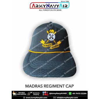 High quality Madras Regiment cap featuring detailed embroidered regimental insignia with crossed swords, circular emblem and banner, crafted for Indian Army personnel, veterans, NCC cadets and supporters who honour the proud heritage of the Madras Regimen