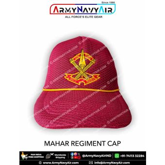 High quality Mahar Regiment Cap featuring detailed embroidered crossed spears and regimental emblem on a maroon military textured fabric, designed for soldiers, veterans, NCC cadets and supporters of the Indian Army infantry units.