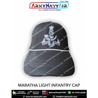 High quality black Maratha Light Infantry Regiment cap featuring detailed embroidered insignia with regimental crest, traditional Maratha weapons and banner, designed for Indian Army personnel, veterans, NCC cadets and military supporters who honour the M