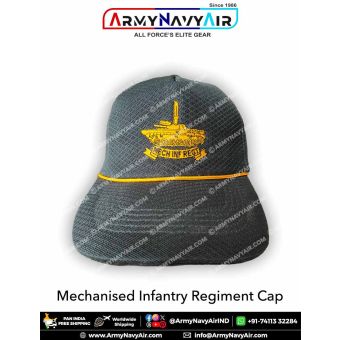 High quality Mechanised Infantry Regiment Cap in olive green featuring detailed yellow tank insignia, premium stitching, structured visor design and adjustable fit suitable for soldiers, NCC cadets, veterans and supporters.