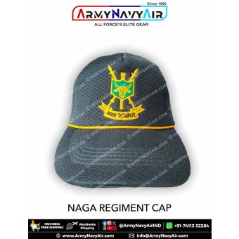 Premium Naga Regiment cap with yellow embroidered Mithun emblem and crossed spears on grey fabric representing the heritage and valour of the Naga warriors.