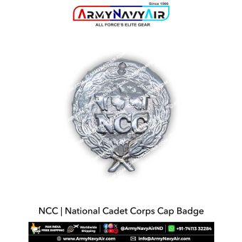 NCC Cap Badge Aluminium Pack of 2 featuring the National Cadet Corps emblem with Ashoka Lion Capital, laurel wreath and crossed elements in silver metallic finish, designed for NCC cadet caps, Army Wing, Navy Wing and Air Wing uniforms, training, parades,
