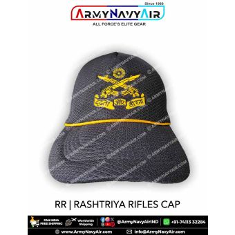Premium Rashtriya Rifles Regiment Cap featuring detailed golden embroidered crossed rifles insignia, textured high durability fabric, reinforced stitching and structured visor designed for soldiers, NCC cadets, veterans and defence supporters.