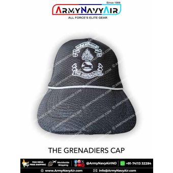 High quality black Grenadiers Regiment cap with detailed embroidered insignia featuring flaming grenade emblem and regimental banner, designed for Indian Army soldiers, veterans, NCC cadets and military enthusiasts who support The Grenadiers infantry regi