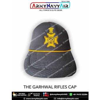 Garhwal Rifles regimental cap featuring detailed embroidered Garhwal insignia with Ashoka emblem, high durability textured fabric, structured curved brim and reinforced stitching designed for Indian Army soldiers, veterans, NCC cadets and regiment support