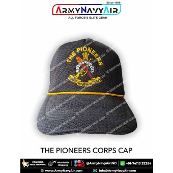 Indian Army The Pioneers Corps regimental cap with detailed embroidered crossed tools, laurel wreath, Ashoka emblem and motto on durable textured fabric designed for soldiers, veterans and NCC cadets.