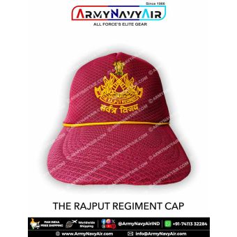 Indian Army Rajput Regiment maroon cap with detailed embroidered Rajput crest featuring crossed weapons, flames and Ashoka emblem on durable textured fabric, designed for soldiers, veterans, NCC cadets and military supporters.