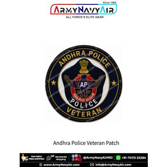 Andhra Police Veteran Patch featuring Andhra Pradesh Police insignia in a navy blue round veteran badge with gold lettering and black merrow border