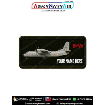Antonov An-32 Personalized Flight Crew Name Plate featuring the Indian Air Force Antonov An-32 tactical transport aircraft with custom name and optional blood group digitally printed on premium fabric with olive green merrow border for flight suits, milit