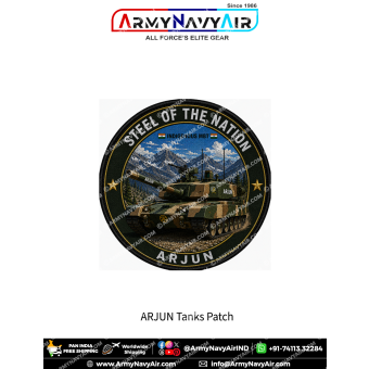 Round military heritage patch featuring the Arjun Main Battle Tank in camouflage finish against a snow-capped mountain landscape with the Steel of the Nation slogan, Indigenous MBT text, dark green outer ring, gold trim and black merrow border on premium