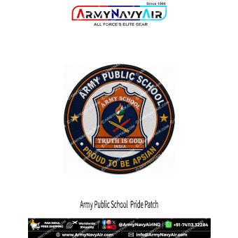 Army Public School Proud to be APSian round poly satin fabric patch featuring the APS crest with navy blue outer ring, orange shield and premium black merrow border.