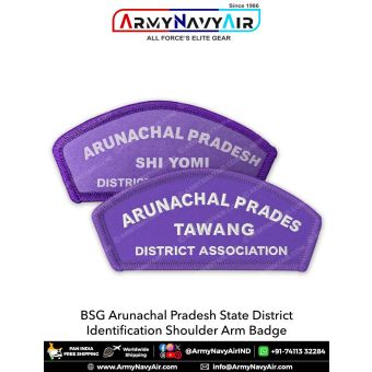 BSG Arunachal Pradesh District Shoulder Arm Badge with purple merrow border featuring Arunachal Pradesh State and District Association identification text available in both digital printed and machine embroidered variants for Bharat Scouts and Guides unif