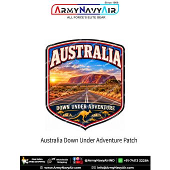 Australia Down Under Adventure travel patch with open road, outback landscape, red rock and kangaroo imagery