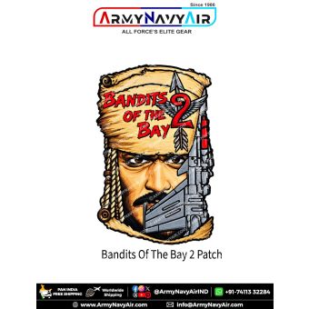 Bandits of the Bay 2 military warrior patch featuring intense illustrated face, tan headwrap, red lettering, winged number 2 and grey military-inspired equipment